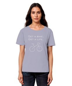 Model trägt lavendelfarbenes Rennrad T-Shirt Damen mit minimalistischem Bike Motiv