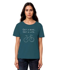 Model trägt petrolfarbenes Fahrrad Shirt Damen Bio mit Rennrad Grafik