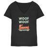 Schwarzes Damen V-Neck Shirt aus Bio-Baumwolle mit stilisiertem Dackel und Woof-Woof-Schriftzug