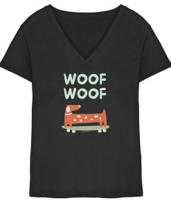 Schwarzes Damen V-Neck Shirt aus Bio-Baumwolle mit stilisiertem Dackel und Woof-Woof-Schriftzug