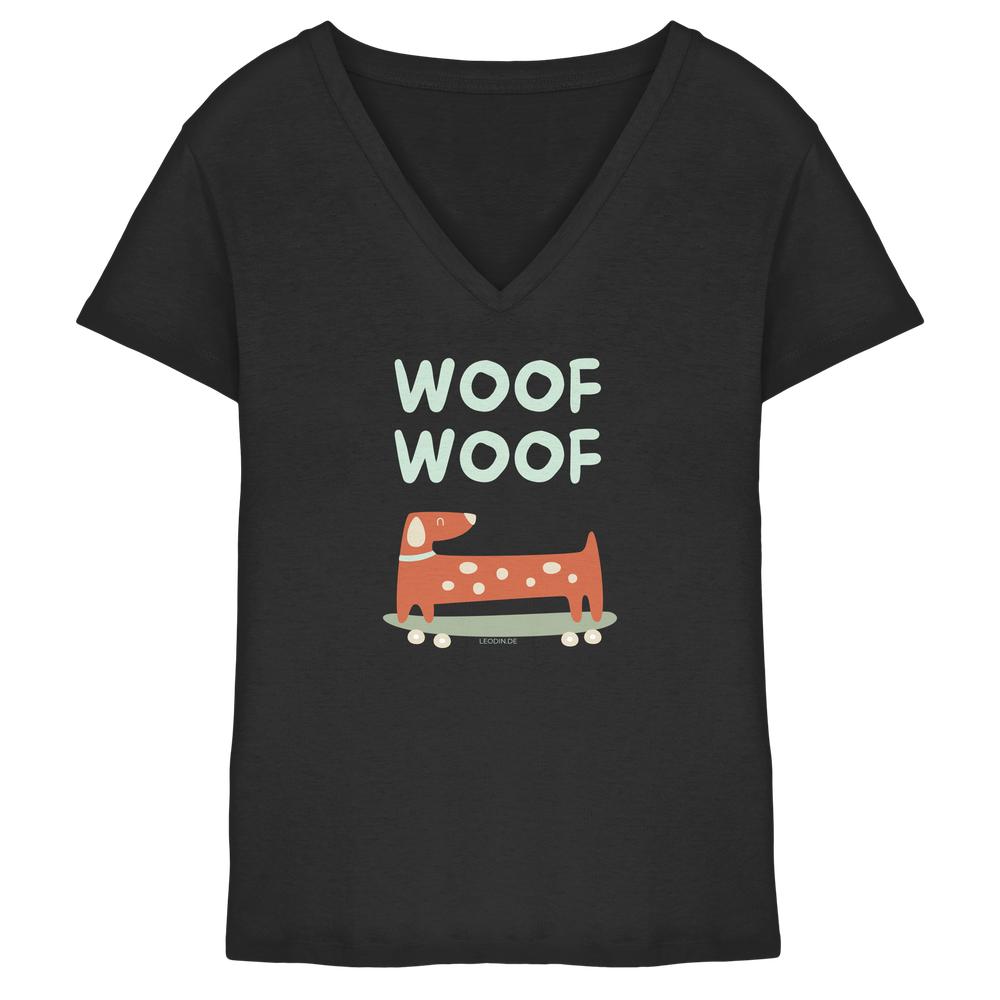 Schwarzes Damen V-Neck Shirt aus Bio-Baumwolle mit stilisiertem Dackel und Woof-Woof-Schriftzug