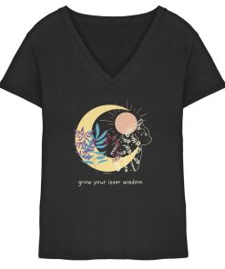 Schwarzes Katzen Shirt Damen mit hellem spirituellen Katzenprint