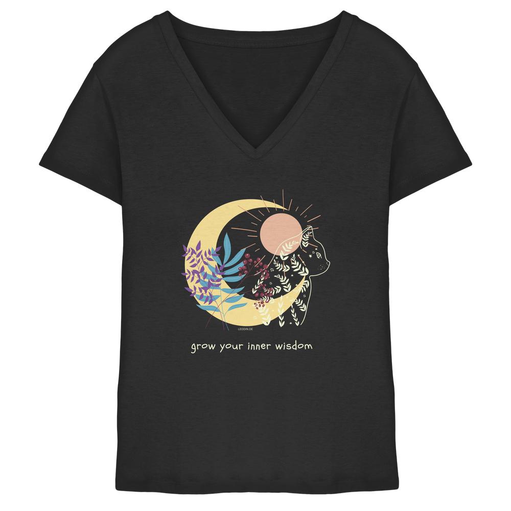 Schwarzes Katzen Shirt Damen mit hellem spirituellen Katzenprint