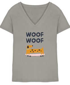 Hellgraues Damen V-Neck Shirt aus Bio-Baumwolle mit Woof Woof Schriftzug und Hundemotiv