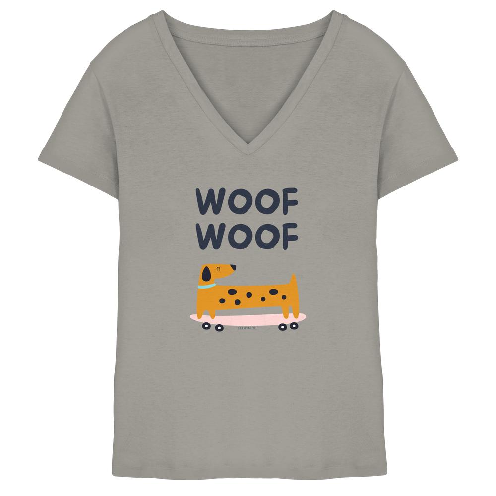 Hellgraues Damen V-Neck Shirt aus Bio-Baumwolle mit Woof Woof Schriftzug und Hundemotiv