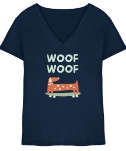 Dunkelblaues Damen V-Neck Shirt aus Bio-Baumwolle mit stilisiertem Dackel und Woof-Woof-Schriftzug