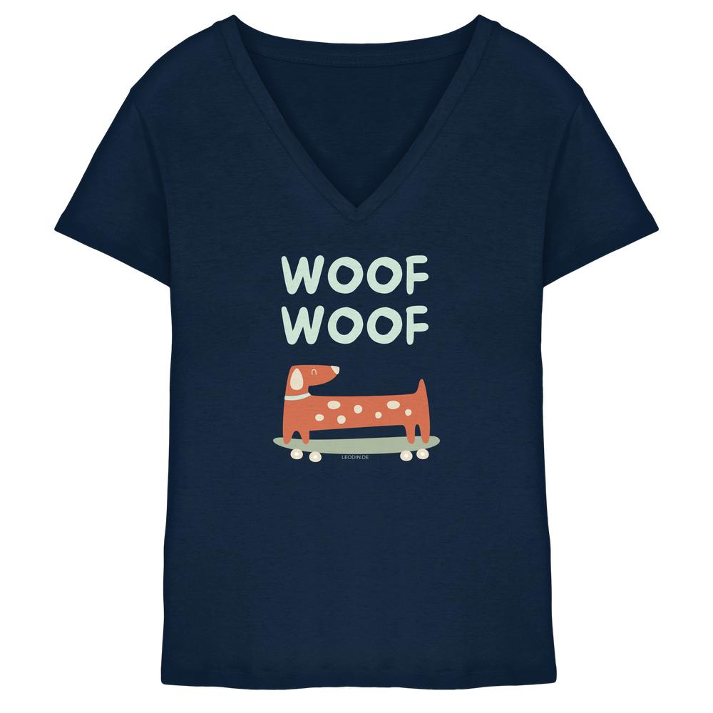 Dunkelblaues Damen V-Neck Shirt aus Bio-Baumwolle mit stilisiertem Dackel und Woof-Woof-Schriftzug