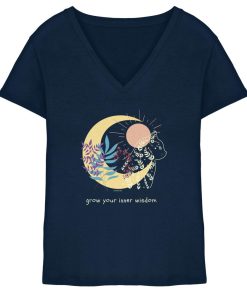 Dunkelblaues Katzen Shirt Damen mit spirituellem Katzenmotiv und Schriftzug