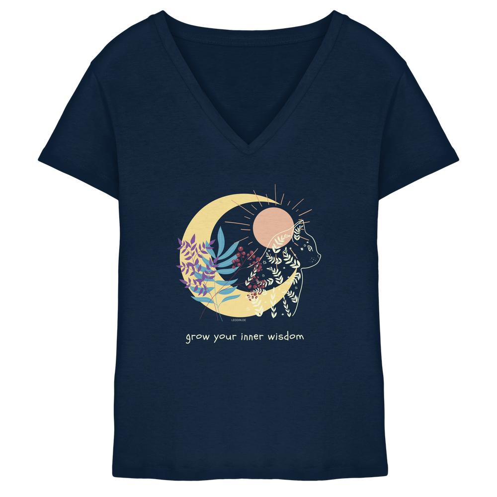 Dunkelblaues Katzen Shirt Damen mit spirituellem Katzenmotiv und Schriftzug