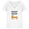 Weißes Damen V-Neck Shirt aus Bio-Baumwolle mit Woof Woof Schriftzug und verspieltem Hundemotiv