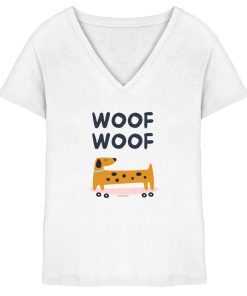 Weißes Damen V-Neck Shirt aus Bio-Baumwolle mit Woof Woof Schriftzug und verspieltem Hundemotiv