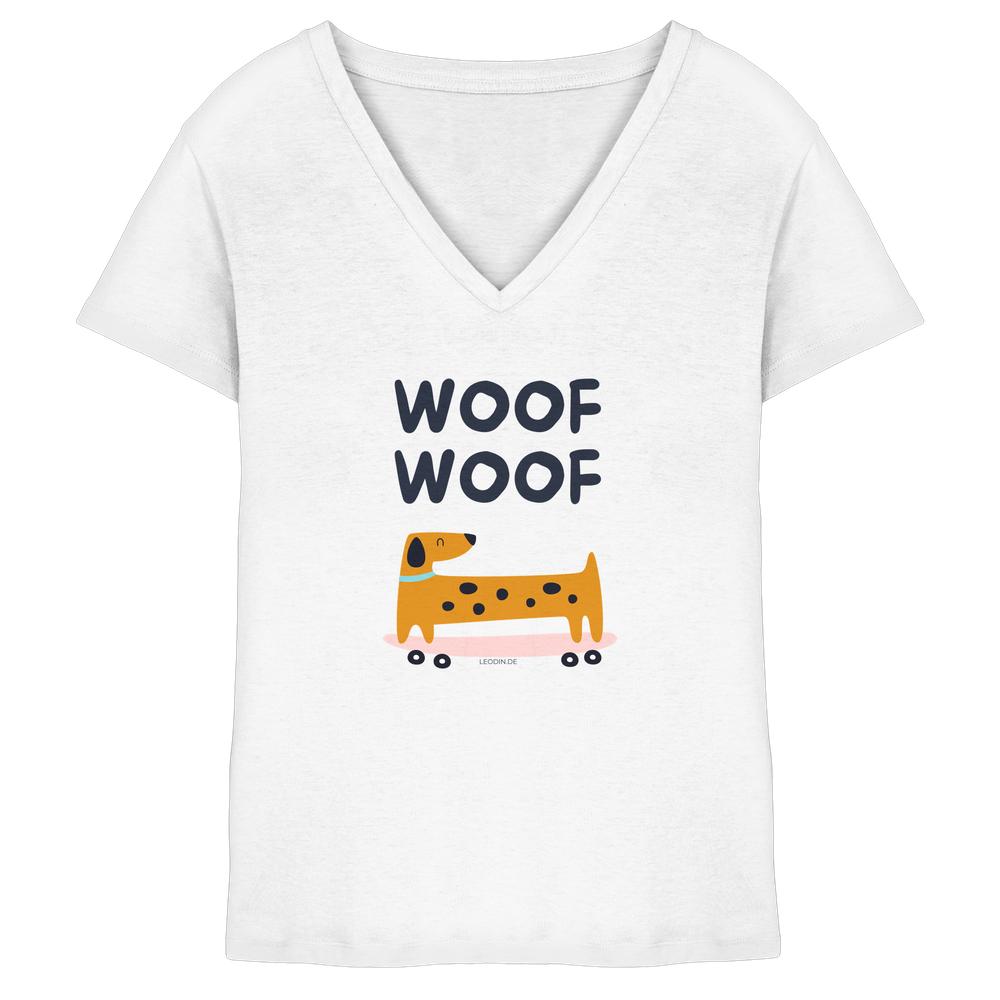 Weißes Damen V-Neck Shirt aus Bio-Baumwolle mit Woof Woof Schriftzug und verspieltem Hundemotiv