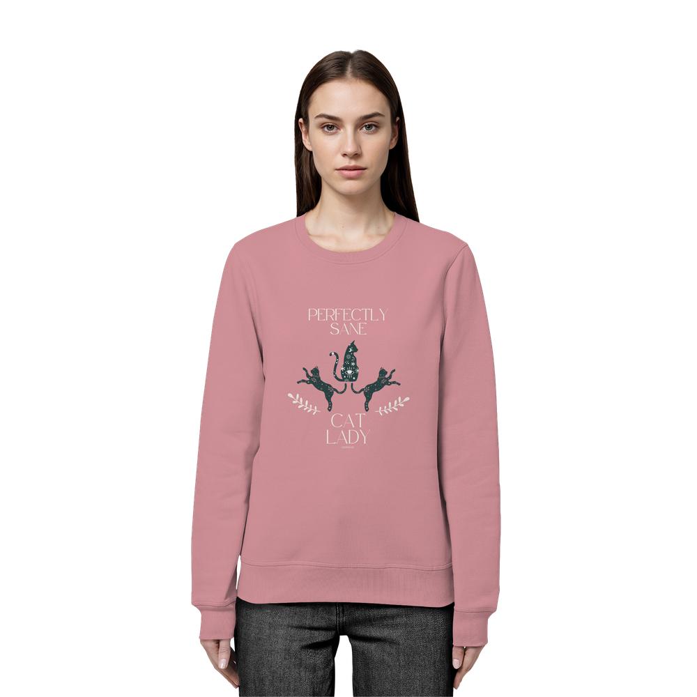 Frau trägt rosa Cat Lady Sweatshirt Damen mit stilvollem Katzenprint