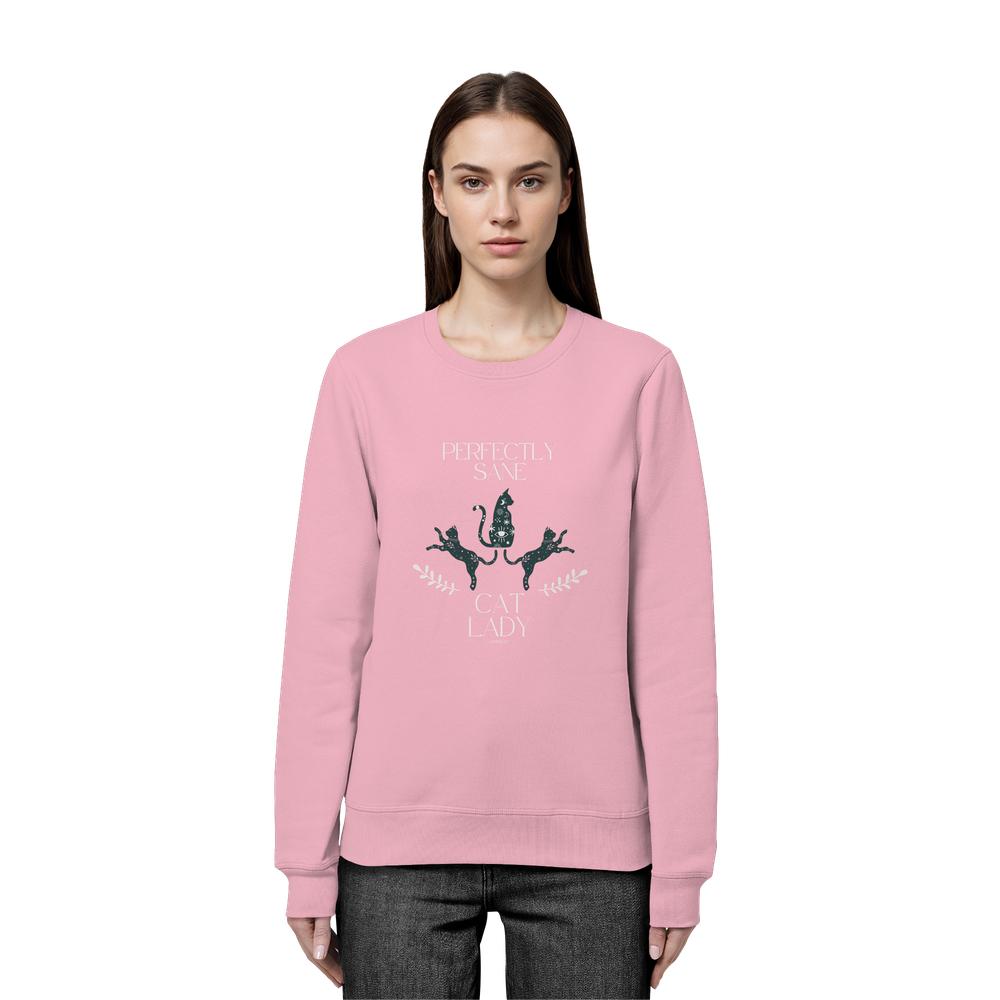 Frau trägt pinkes Cat Lady Sweatshirt Damen mit stilvollem Katzenprint