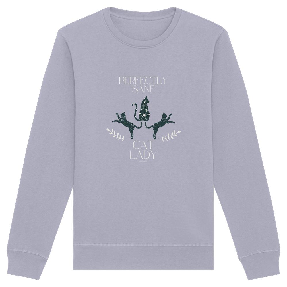Graublaues Cat Lady Sweatshirt Damen mit minimalistischem Katzenmotiv und Schriftzug