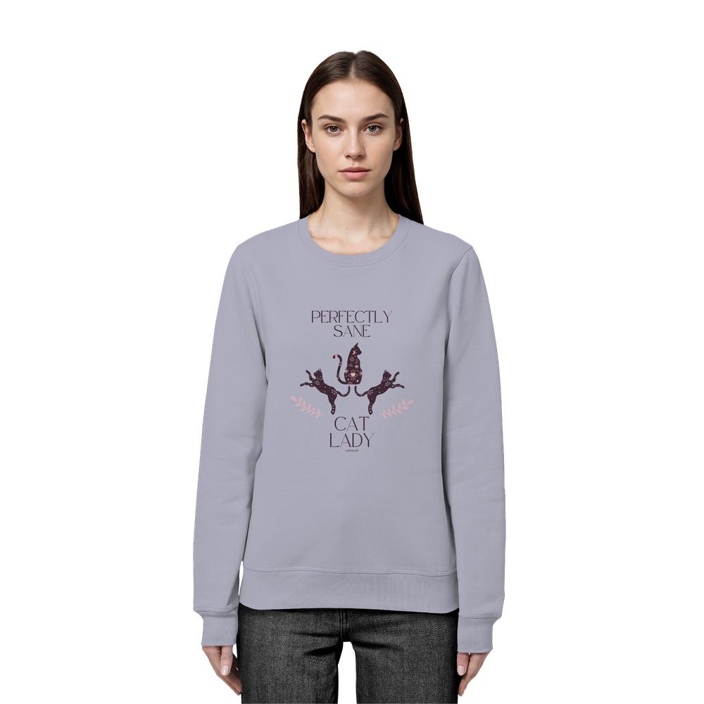 Frau trägt graublaues Sane Cat Lady Sweatshirt Damen mit minimalistischem Katzenprint