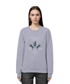 Frau trägt graublaues Cat Lady Sweatshirt Damen mit stilvollem Katzenprint