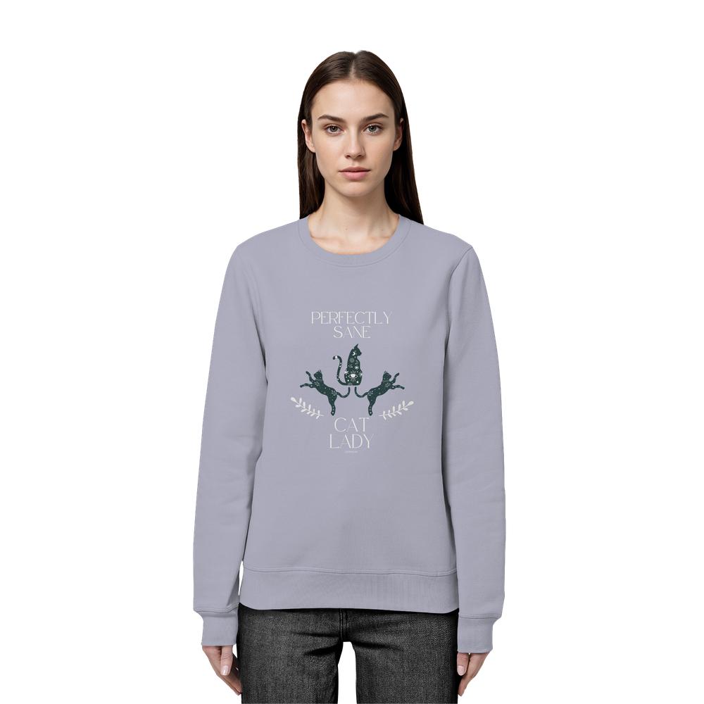 Frau trägt graublaues Cat Lady Sweatshirt Damen mit stilvollem Katzenprint