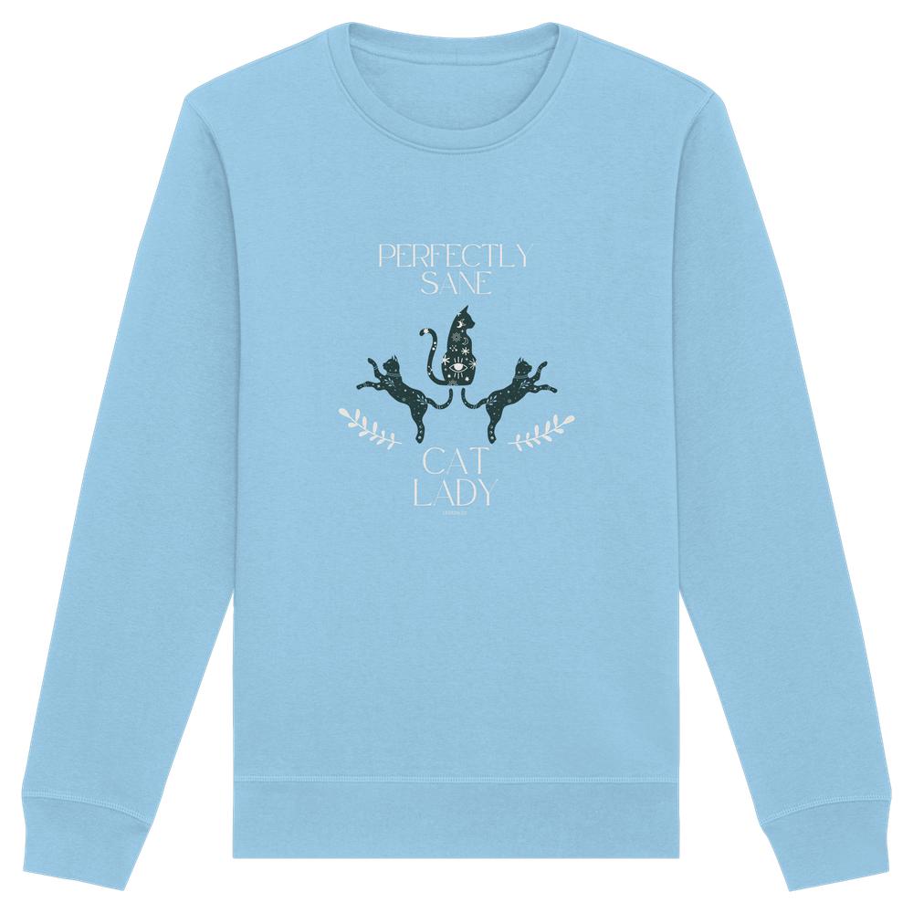Himmelblaues Cat Lady Sweatshirt Damen mit minimalistischem Katzenmotiv und Schriftzug