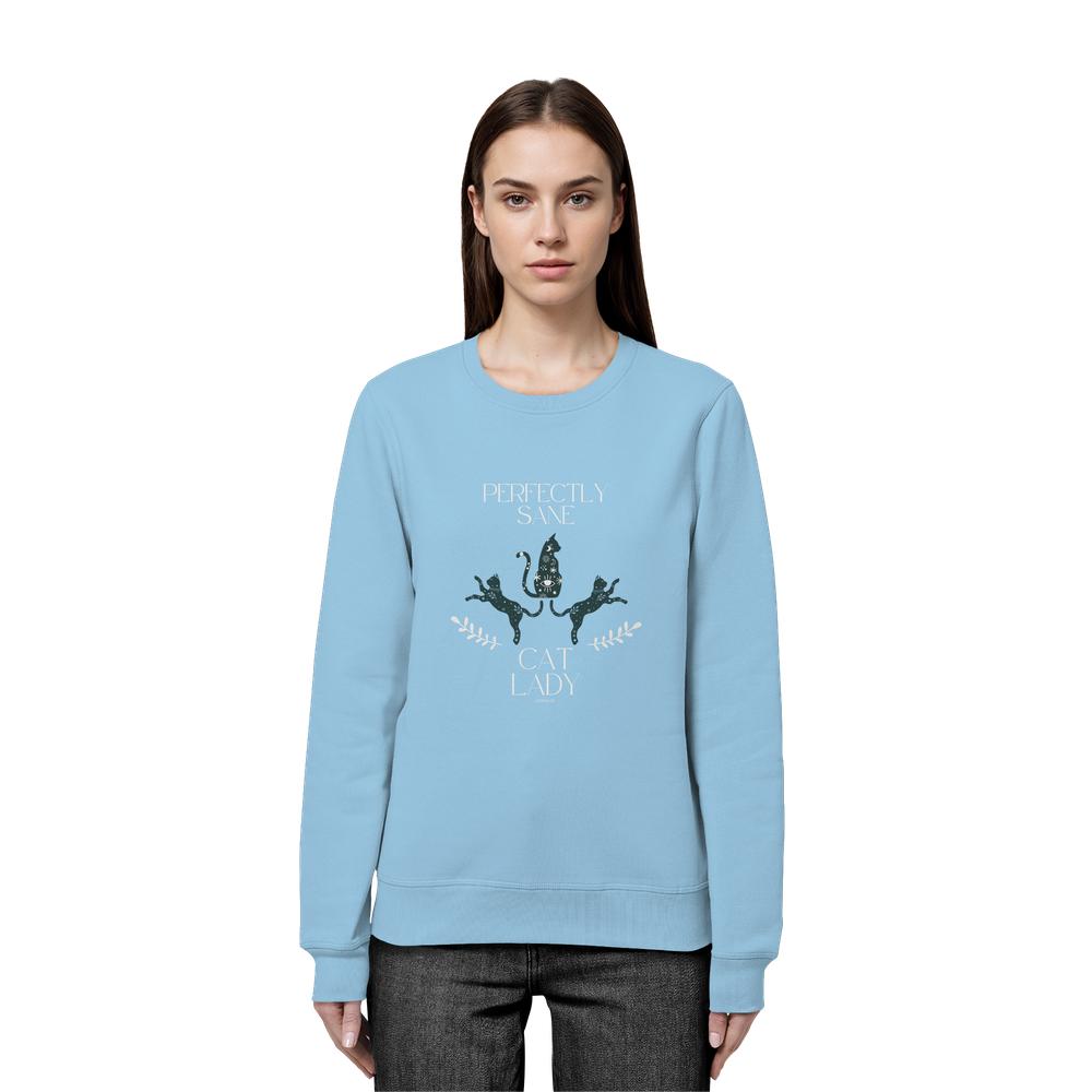 Frau trägt himmelblaues Cat Lady Sweatshirt Damen mit stilvollem Katzenprint