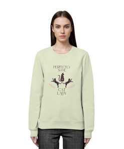 Frau trägt gelbgrünes Sane Cat Lady Sweatshirt Damen mit minimalistischem Katzenprint