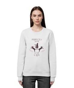 Frau trägt weißes Sane Cat Lady Sweatshirt Damen mit minimalistischem Katzenprint