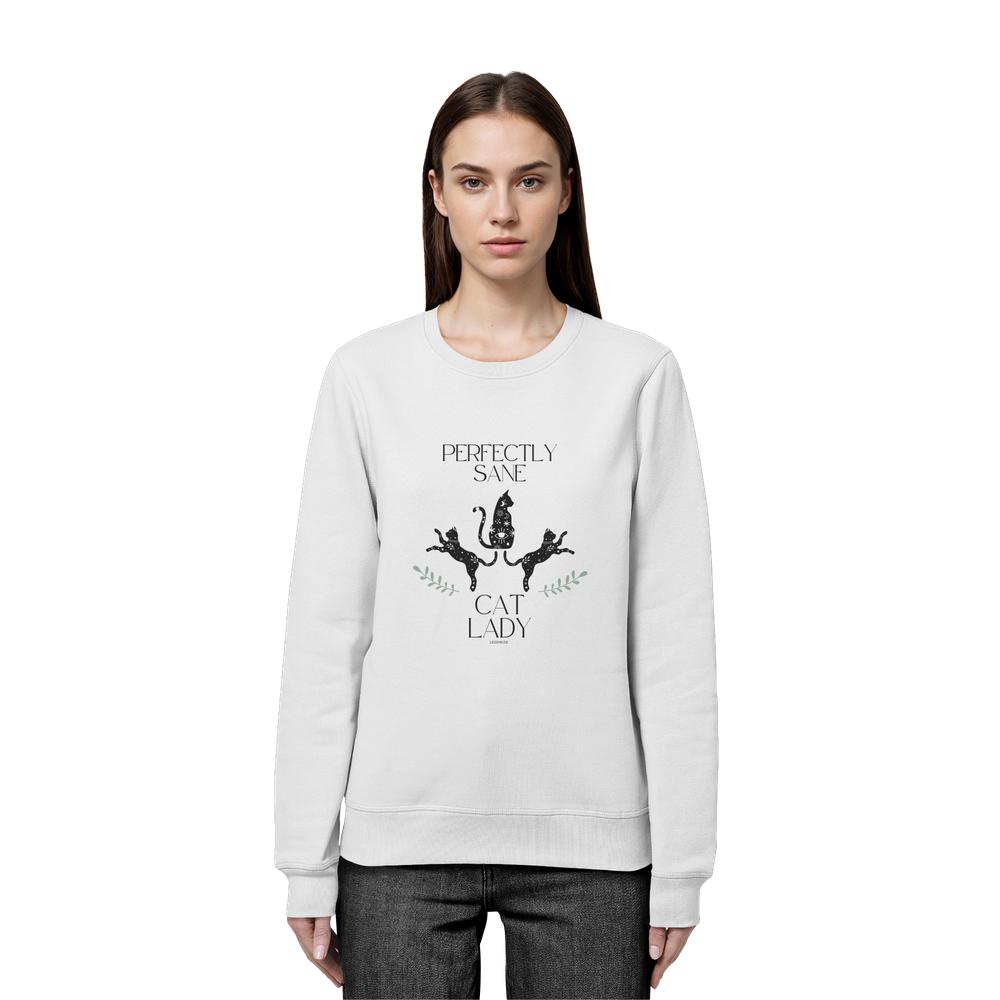 Frau trägt weisses Cat Lady Sweatshirt Damen mit stylishem Katzenprint