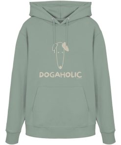 Aloefarbener Bio-Hoodie mit heller DOGAHOLIC-Aufschrift und minimalistischer Hundeillustration