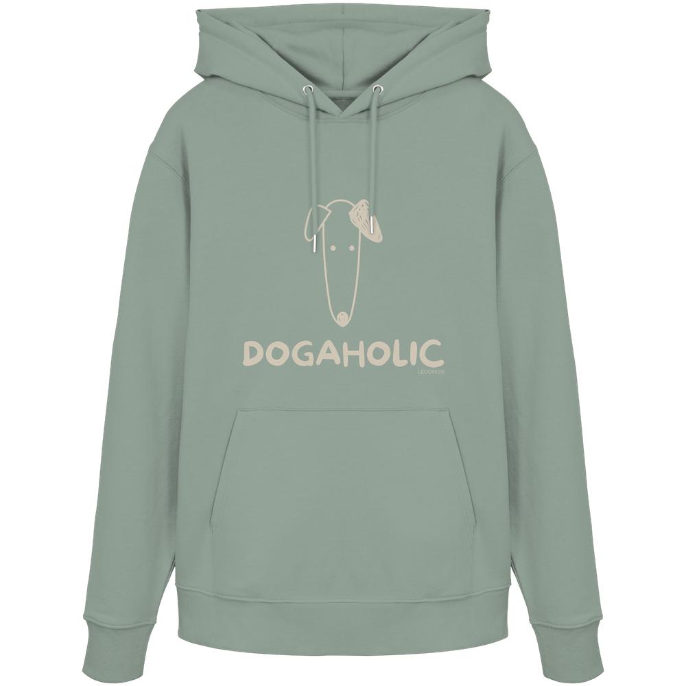 Aloefarbener Bio-Hoodie mit heller DOGAHOLIC-Aufschrift und minimalistischer Hundeillustration