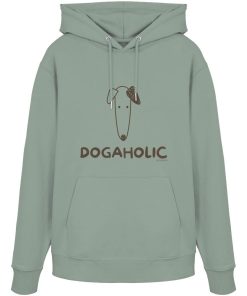 Aloegrüner Unisex Bio-Hoodie mit DOGAHOLIC-Schriftzug und minimalistischem Hundemotiv in Dunkel-Taupe