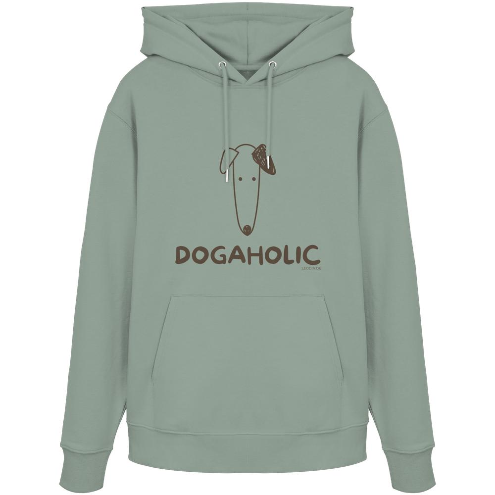 Aloegrüner Unisex Bio-Hoodie mit DOGAHOLIC-Schriftzug und minimalistischem Hundemotiv in Dunkel-Taupe