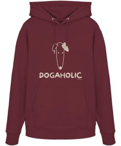 Burgunderfarbener Bio-Hoodie mit heller DOGAHOLIC-Aufschrift und Hundemotiv