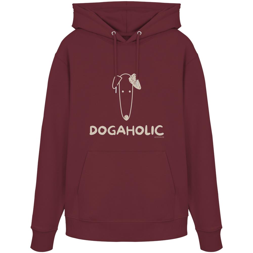 Burgunderfarbener Bio-Hoodie mit heller DOGAHOLIC-Aufschrift und Hundemotiv