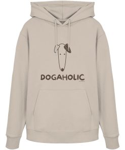 Sandfarbener Unisex Bio-Hoodie mit DOGAHOLIC-Schriftzug und Hundemotiv in Dunkel-Taupe