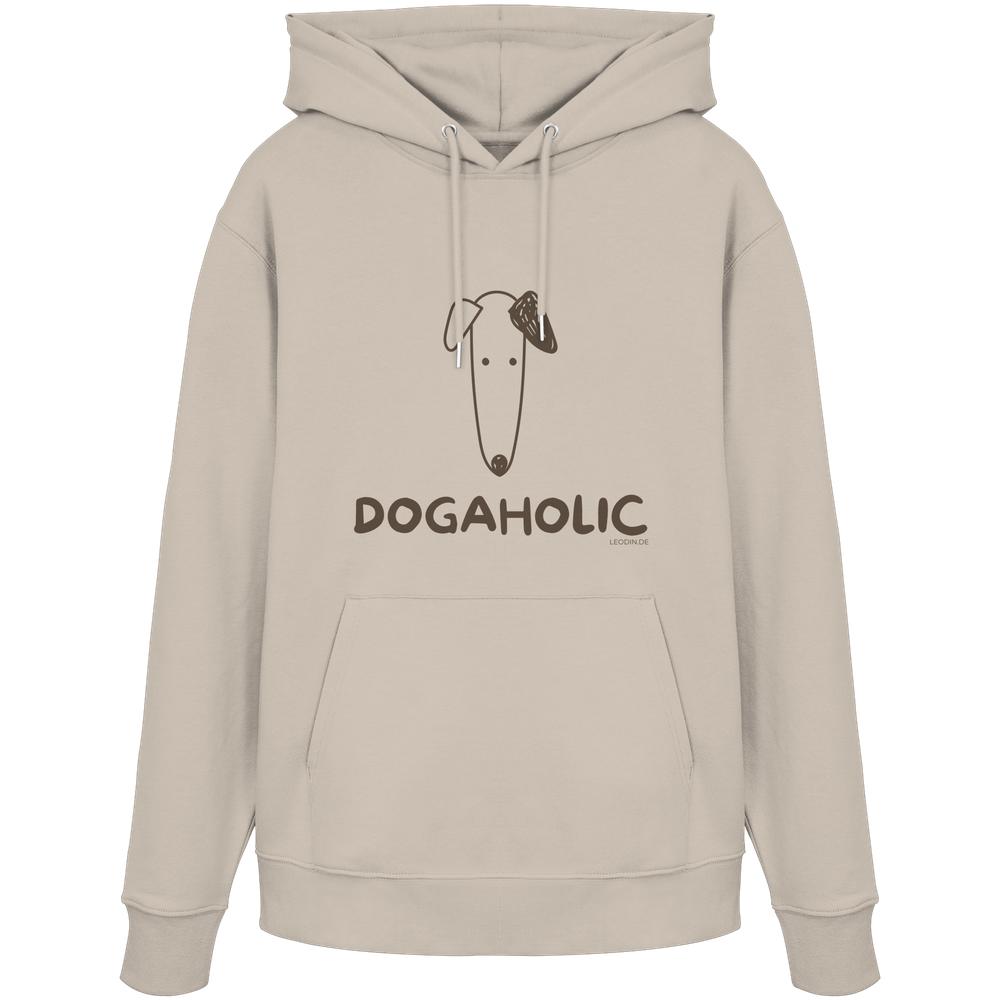 Sandfarbener Unisex Bio-Hoodie mit DOGAHOLIC-Schriftzug und Hundemotiv in Dunkel-Taupe