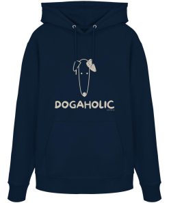 Dunkelblauer Bio-Hoodie mit heller DOGAHOLIC-Aufschrift und minimalistischer Hundeillustration