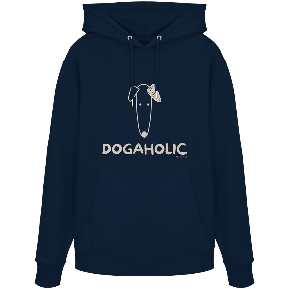 Dunkelblauer Bio-Hoodie mit heller DOGAHOLIC-Aufschrift und minimalistischer Hundeillustration