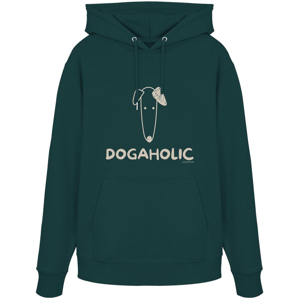 Glazed Green Bio-Hoodie mit heller DOGAHOLIC-Aufschrift und Hundemotiv