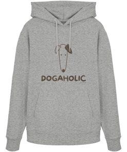 Grau melierter Bio-Hoodie mit DOGAHOLIC-Schriftzug und stilisiertem Hundemotiv