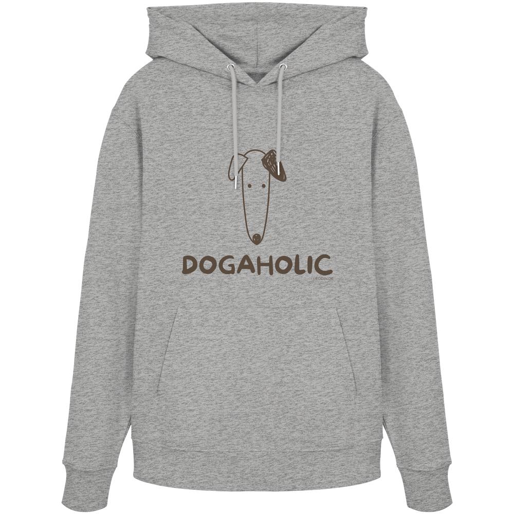 Grau melierter Bio-Hoodie mit DOGAHOLIC-Schriftzug und stilisiertem Hundemotiv