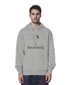 Mann trägt grauen Bio-Hoodie mit minimalistischem Hundemotiv