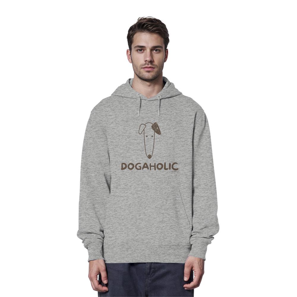 Mann trägt grauen Bio-Hoodie mit minimalistischem Hundemotiv