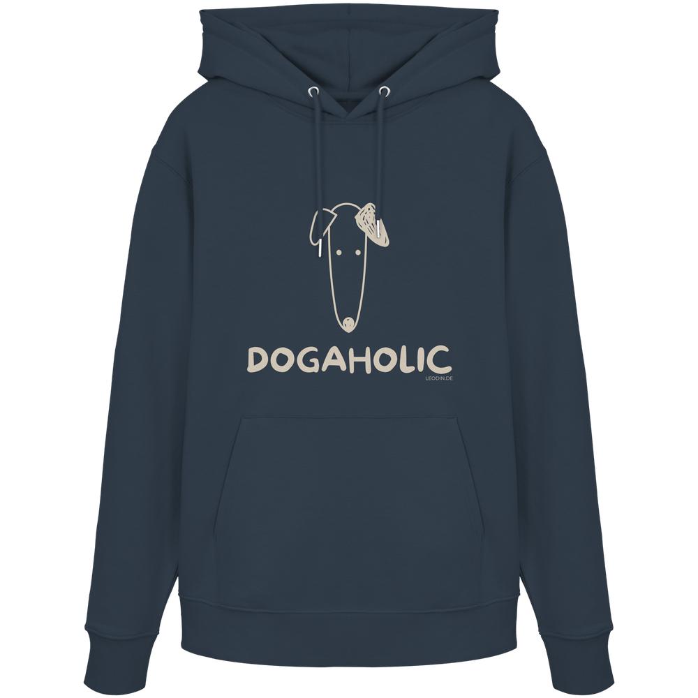 Unisex Bio-Hoodie in Anthrazit mit heller DOGAHOLIC-Aufschrift und minimalistischer Hundeillustration