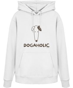 Weißer Unisex Bio-Hoodie mit minimalistischem Hundemotiv und DOGAHOLIC-Schriftzug in Dunkel-Taupe