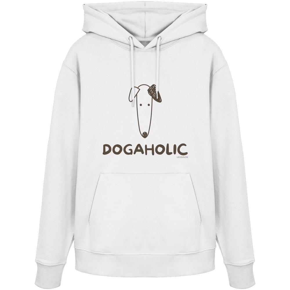 Weißer Unisex Bio-Hoodie mit minimalistischem Hundemotiv und DOGAHOLIC-Schriftzug in Dunkel-Taupe