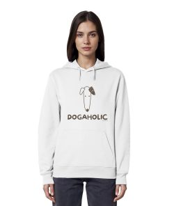 Frau trägt weißen Unisex Bio-Hoodie mit DOGAHOLIC-Schriftzug und stilisiertem Hundemotiv