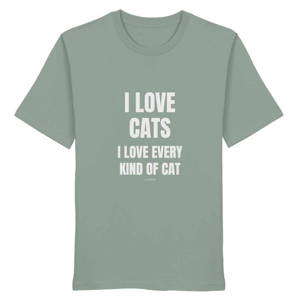 Graugrünes Unisex Bio Shirt mit Aufdruck „I love cats I love every kind of cat“ auf weißem Hintergrund