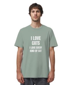 Mann trägt graugrünes Cat Lover Statement Shirt mit minimalistischem Katzen Spruch