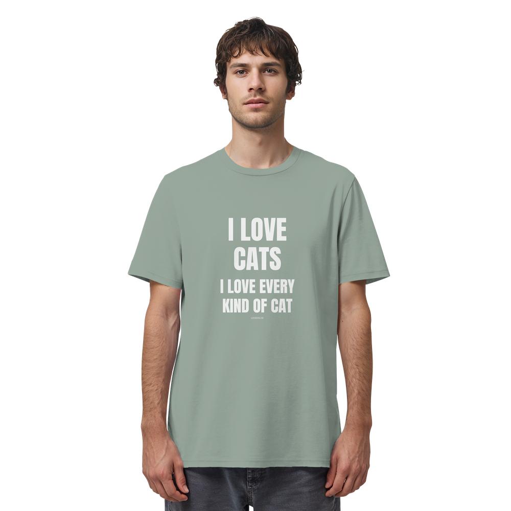 Mann trägt graugrünes Cat Lover Statement Shirt mit minimalistischem Katzen Spruch