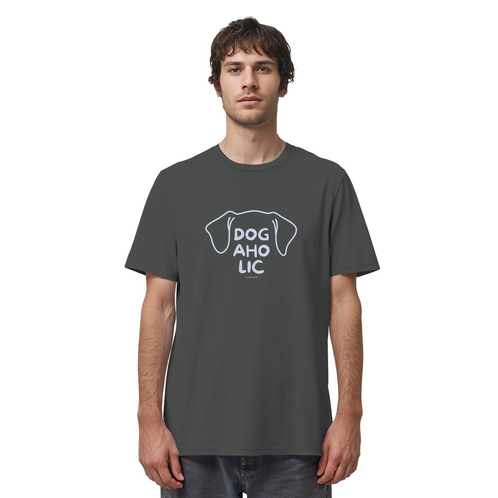 Mann im anthrazitfarbenen Hunde Shirt mit Dogaholic-Aufdruck
